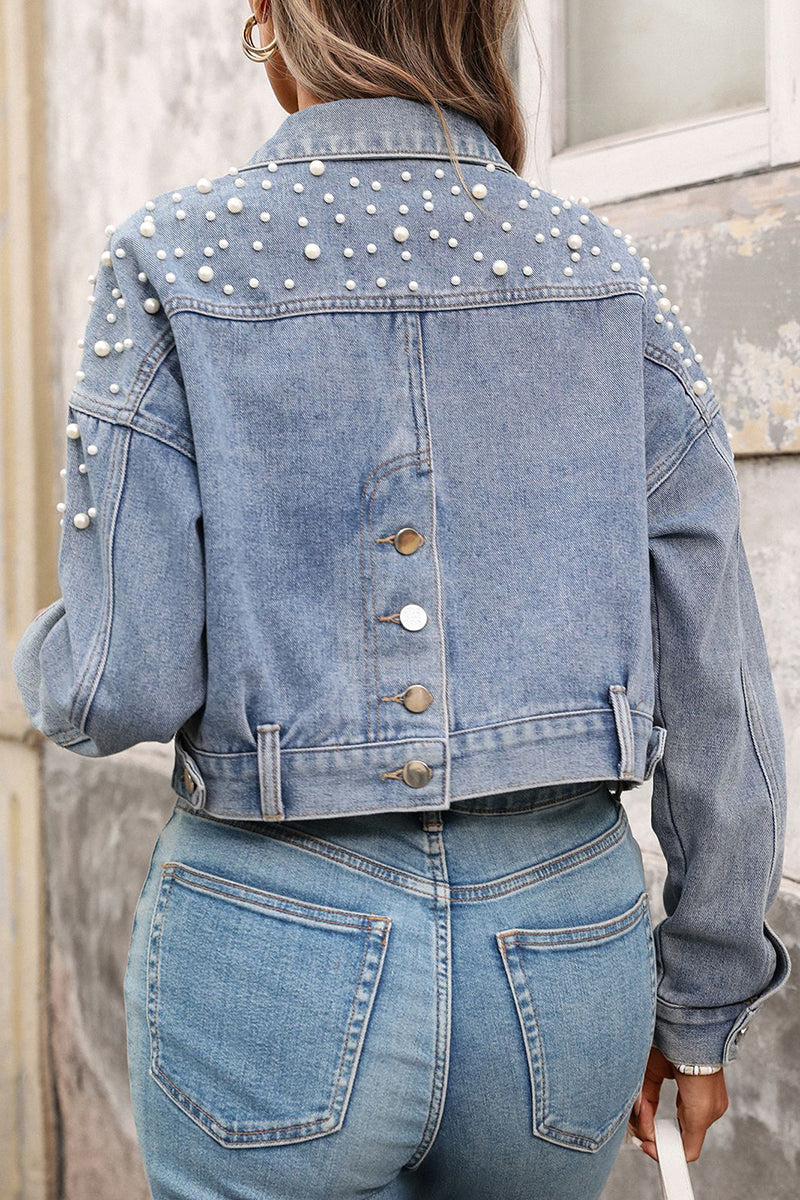 Pearl Embellished Cropped Denim Jacket
