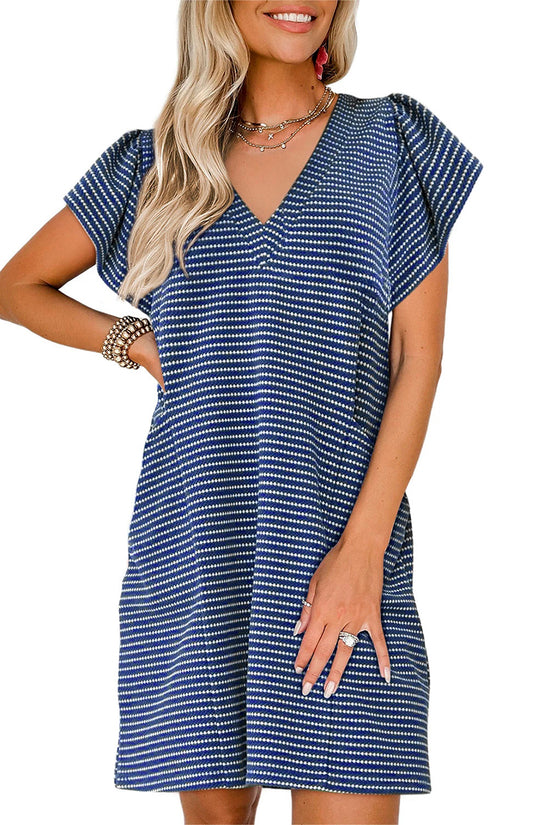 Stripe Textured V Neck Flutter Sleeve Mini Dress