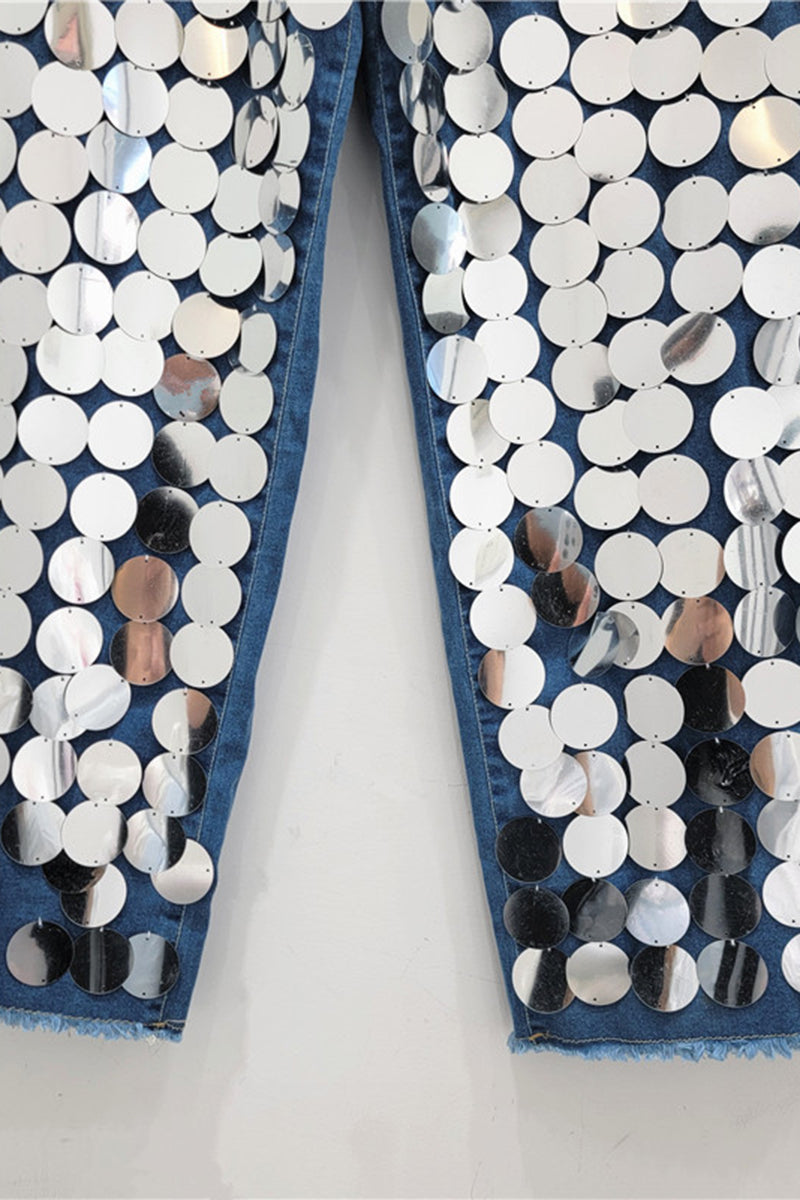 Reflective Sequin Straight Jeans