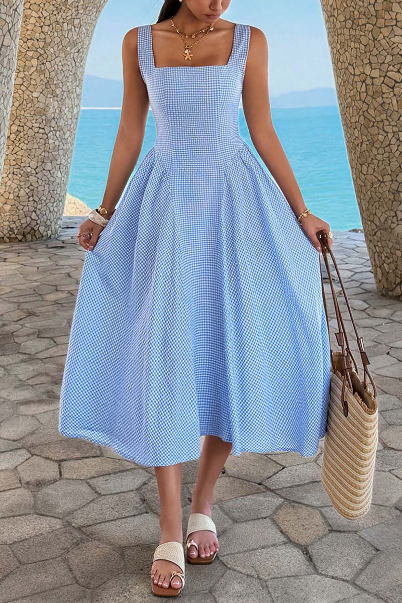 Elegant Sleeveless Gingham Midi Dress