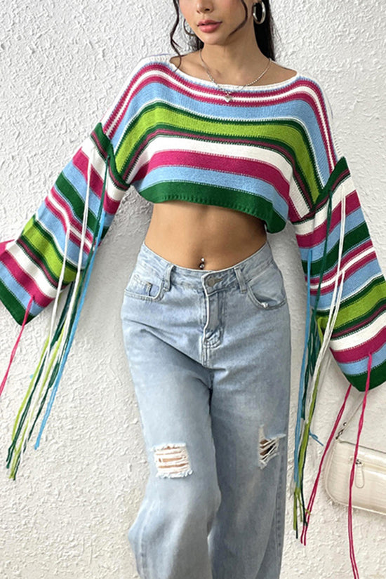 Striped Crop Sweater with Fringe Details