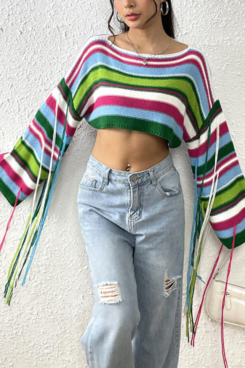 Striped Crop Sweater with Fringe Details