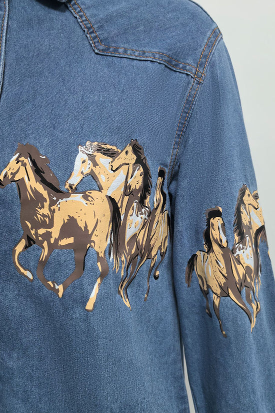 Horse Print Button-Up Denim Jacket