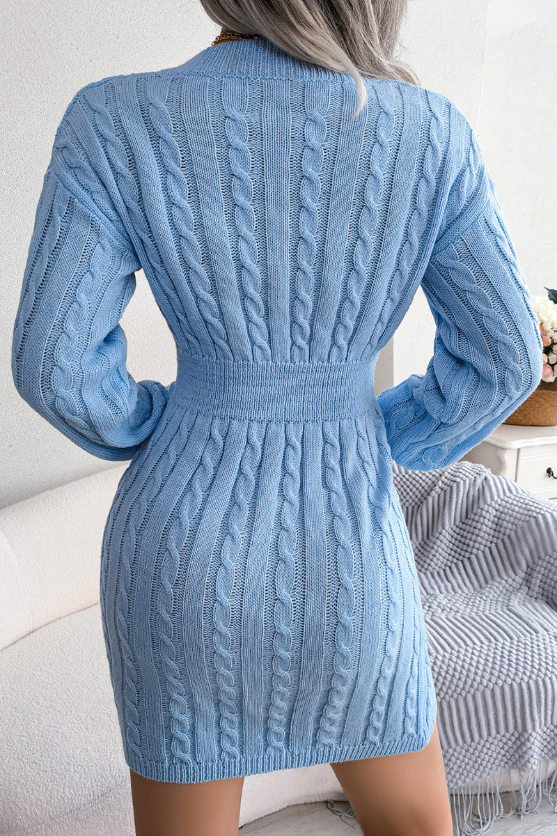 Cable Knit V-Neck Casual Sweater Dress