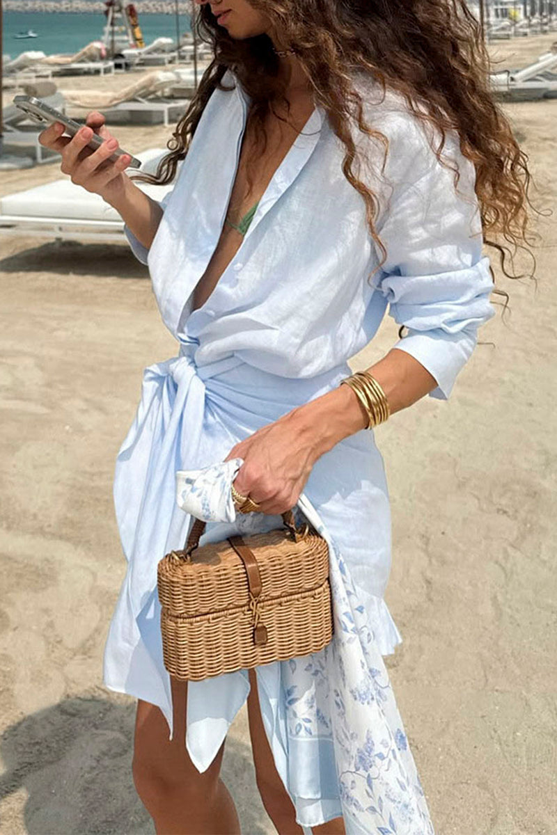 Collared Knot Front Casual Shirt Dress