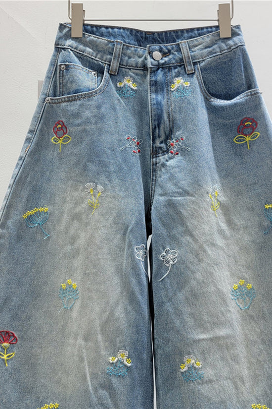 Floral Motif Barrel Jeans