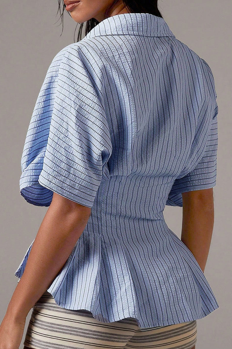 Striped Pleated Button-Up Blouse