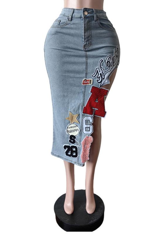 High-Slit Denim Skirt with Patch Details