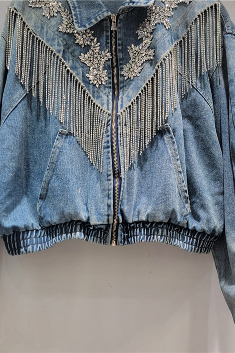 Embellished Denim Jacket with Fringe