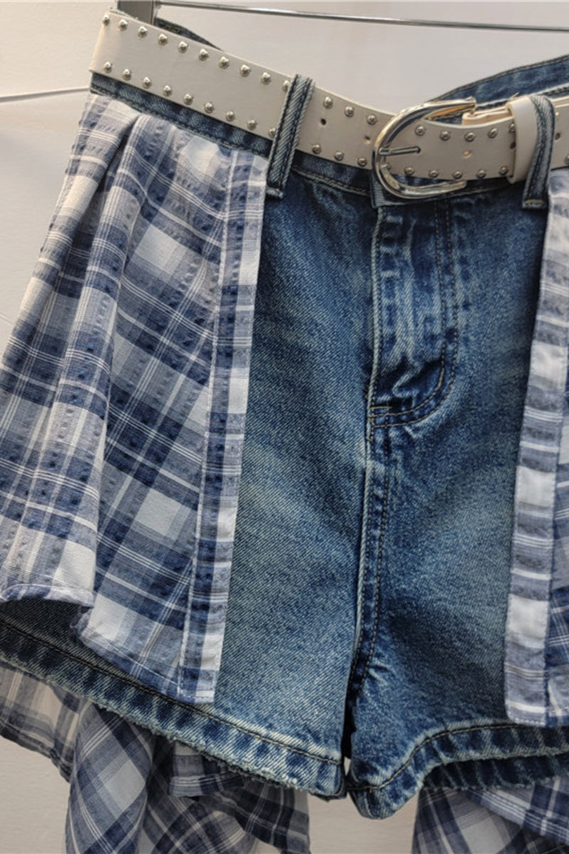 Plaid Accent Denim Skirt