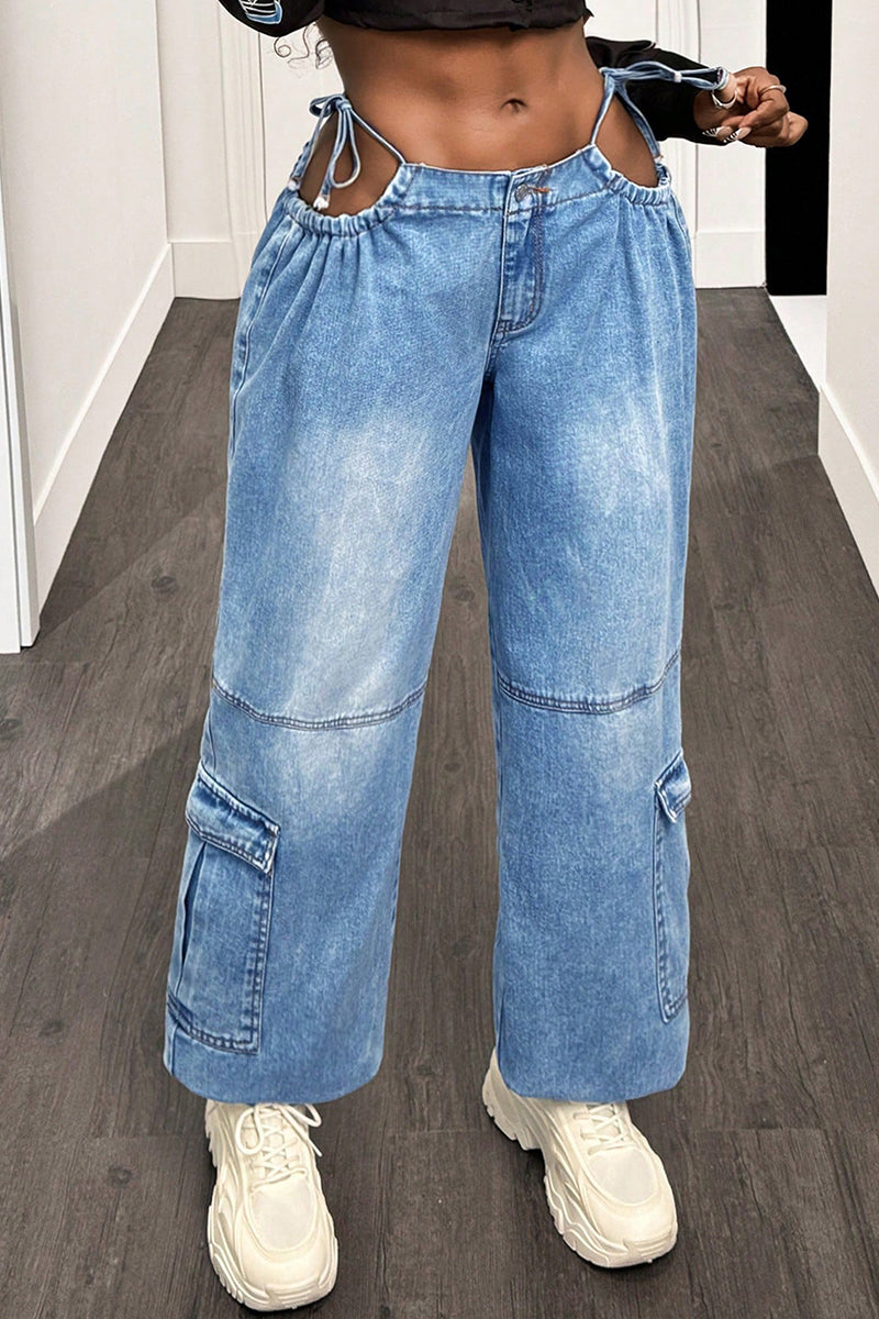 Cutout Straight-Leg Denim Cargo Pants