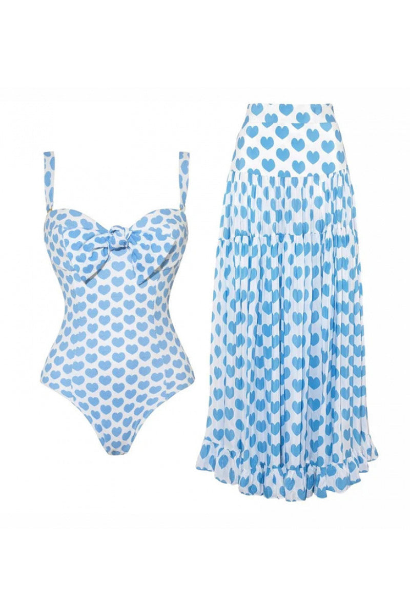 Heart Print One-Piece Swimsuit with Skirt