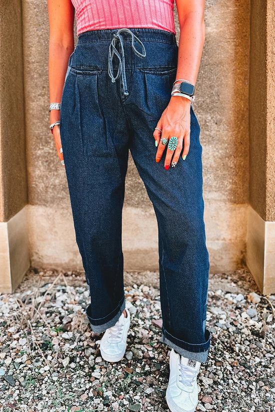 Checkered Side Patchwork Drawstring Denim Pants