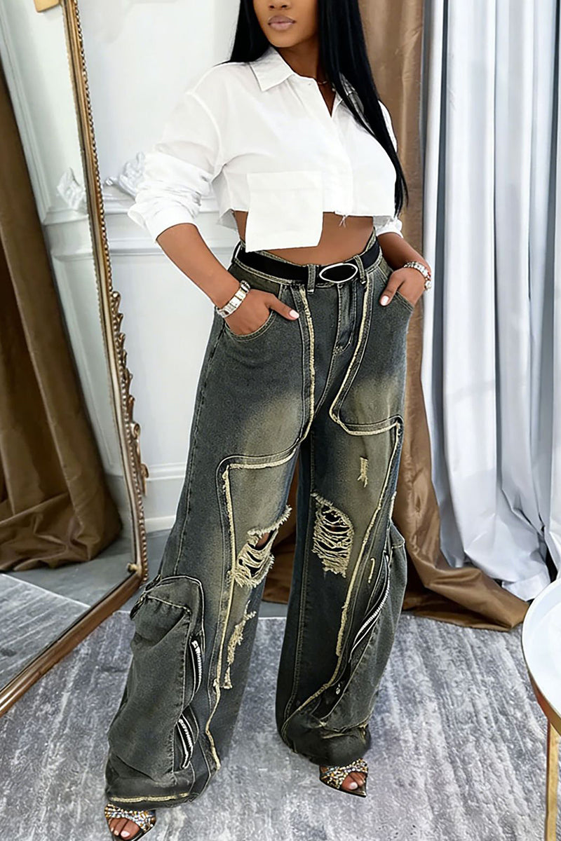 Distressed Straight Jeans with Utility Pockets