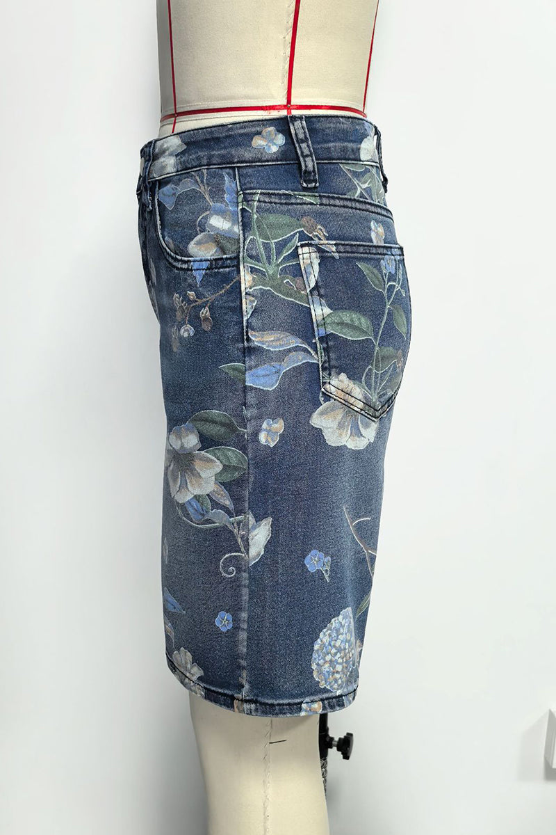 Floral Print High-Waist Denim Shorts