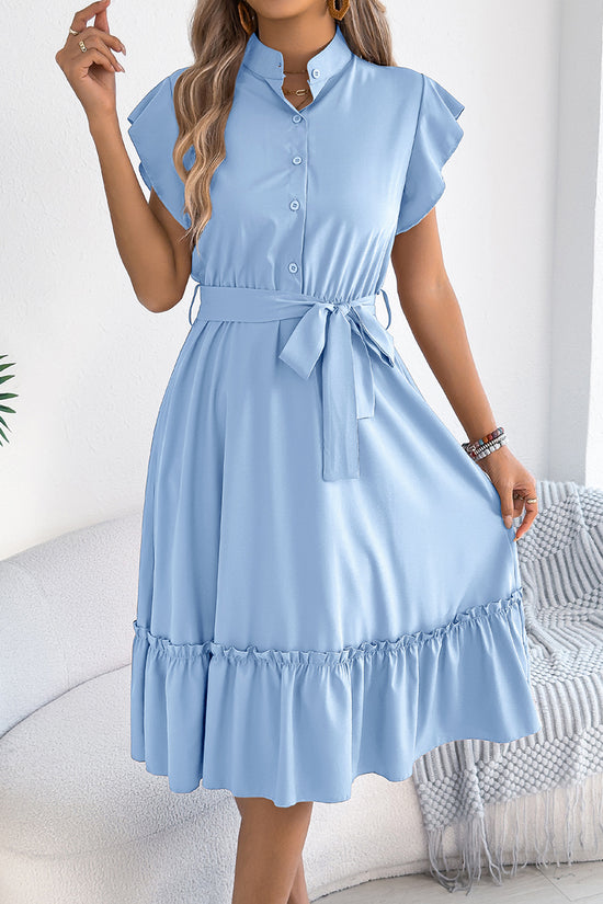 Ruffled Button-Up Belted Casual Dress