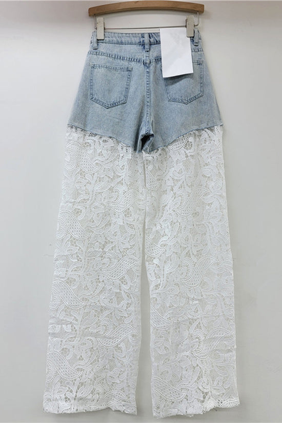 Lace Overlay Denim Casual Pants