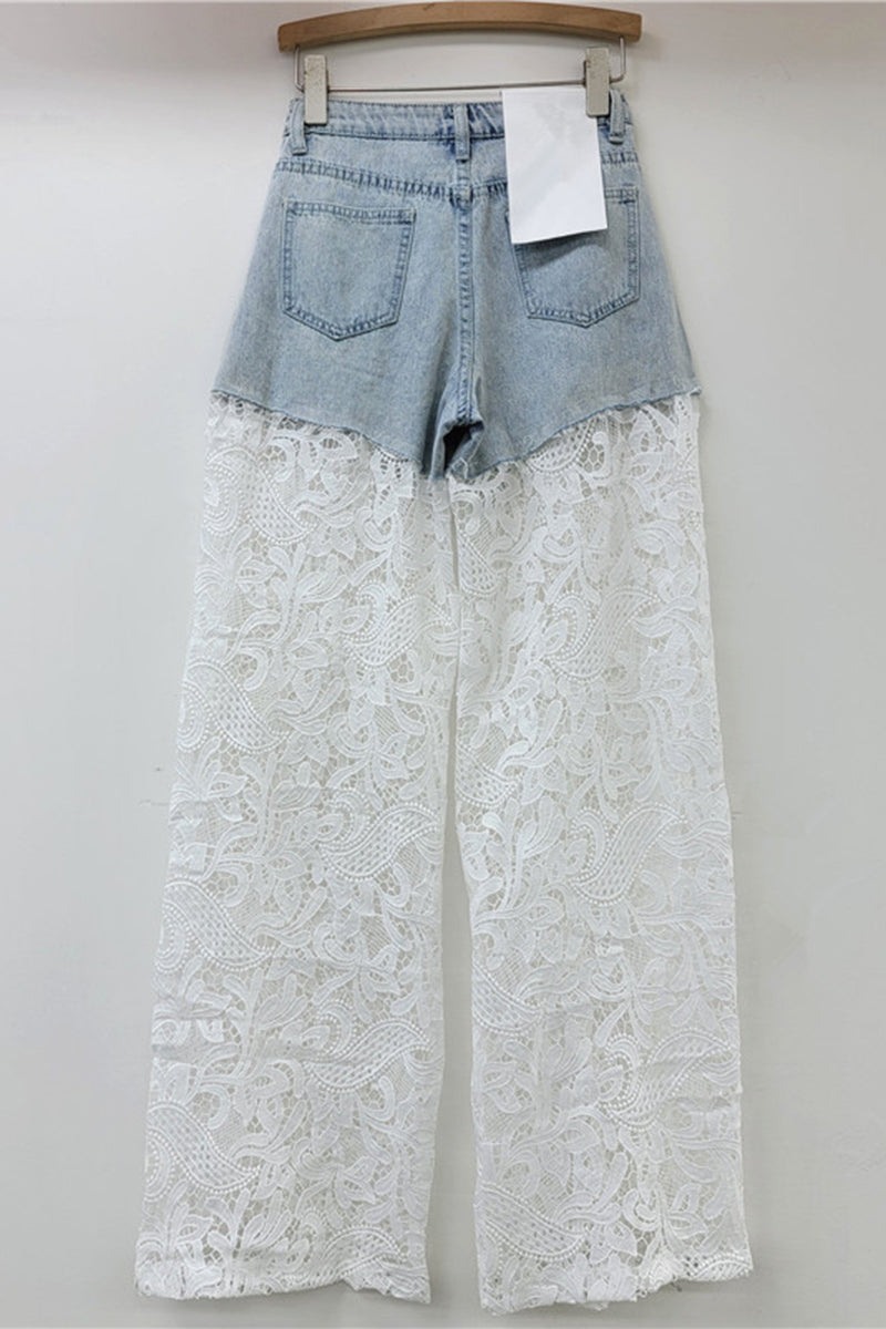 Lace Overlay Denim Casual Pants