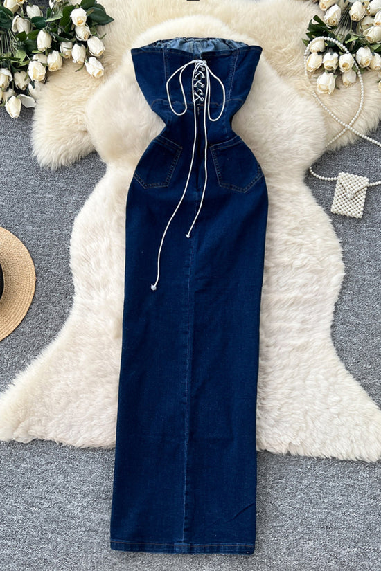 High Waist Denim Maxi Dress