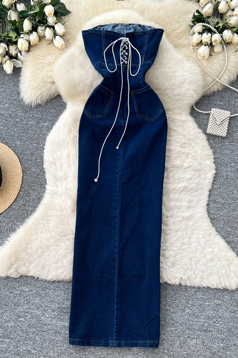 High Waist Denim Maxi Dress