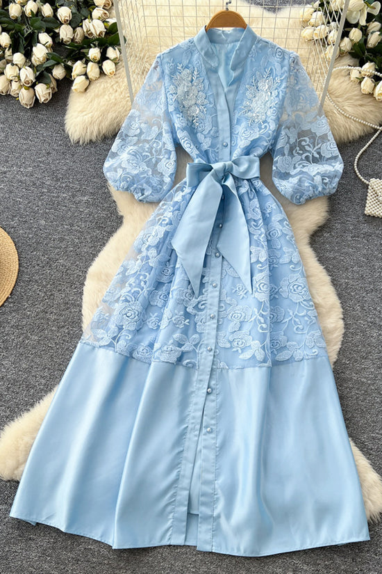 Elegant Lace Belted Midi Dress