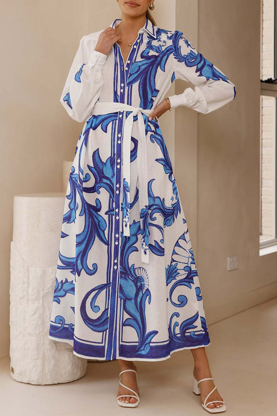 Floral Belted Long Sleeve Casual Dress