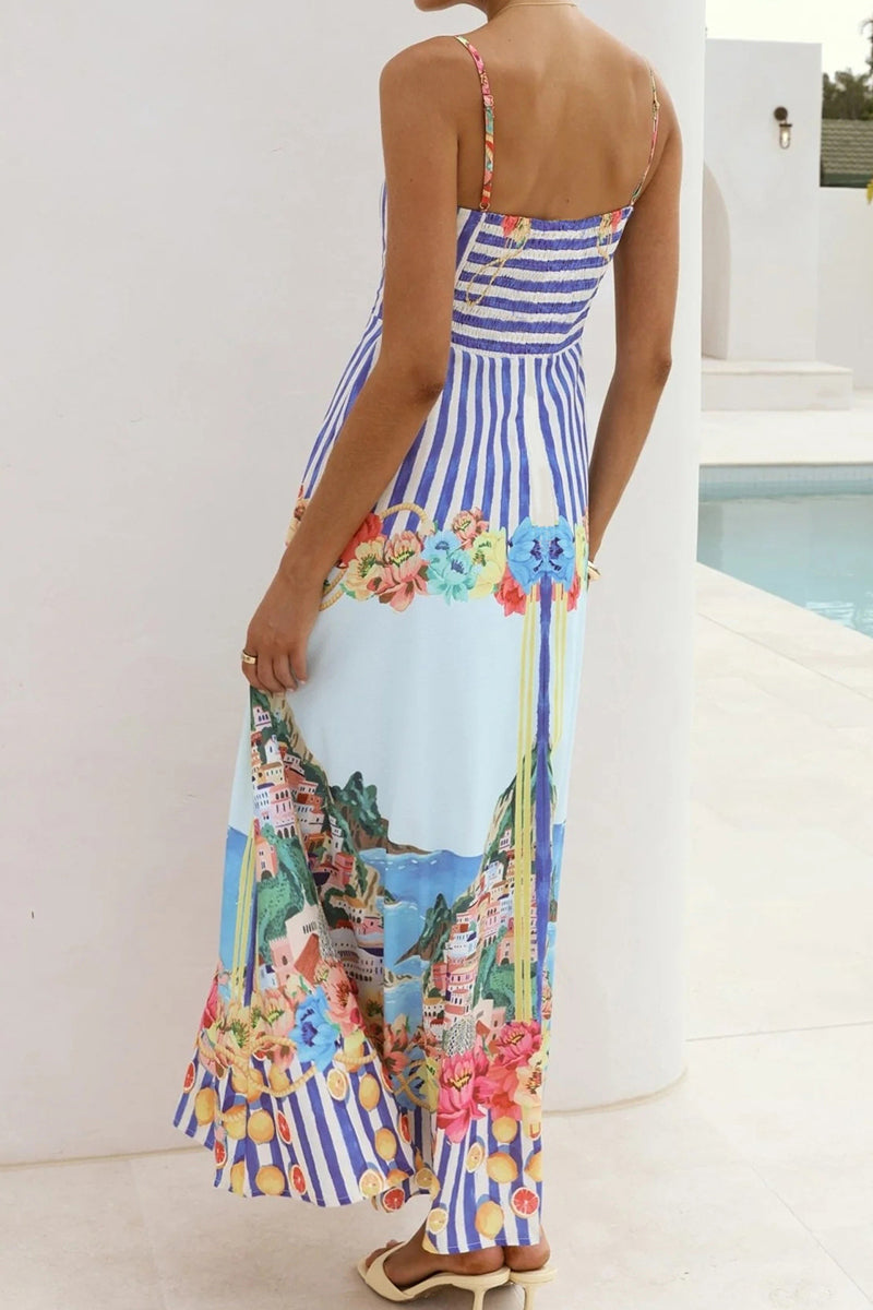 Floral Striped Spaghetti Strap Maxi Dress