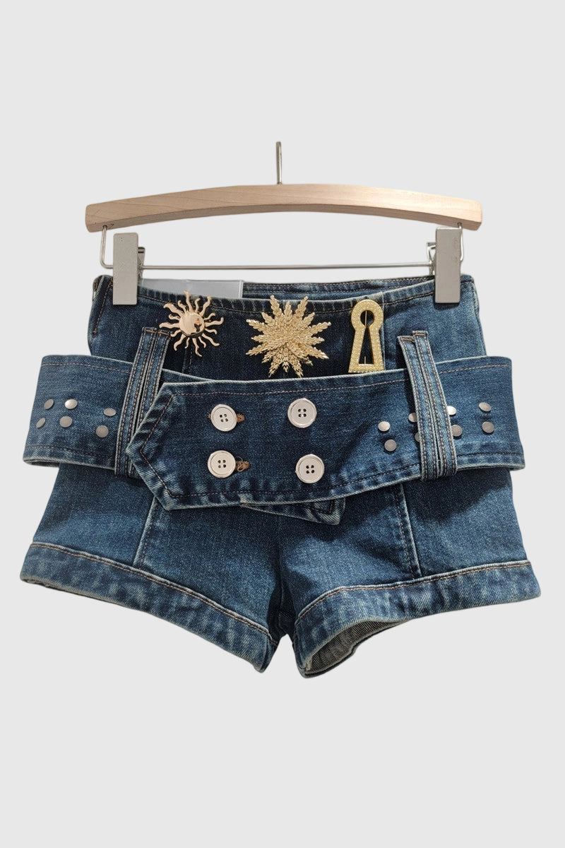 Embellished Denim Belted Shorts