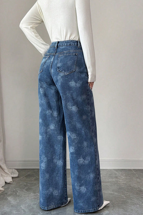 Floral Print High-Waisted Straight Jeans
