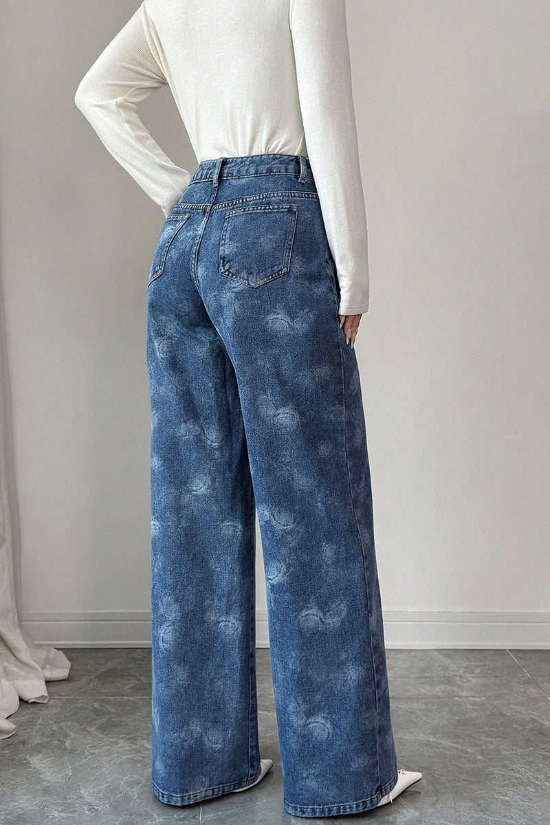 Floral Print High-Waisted Straight Jeans