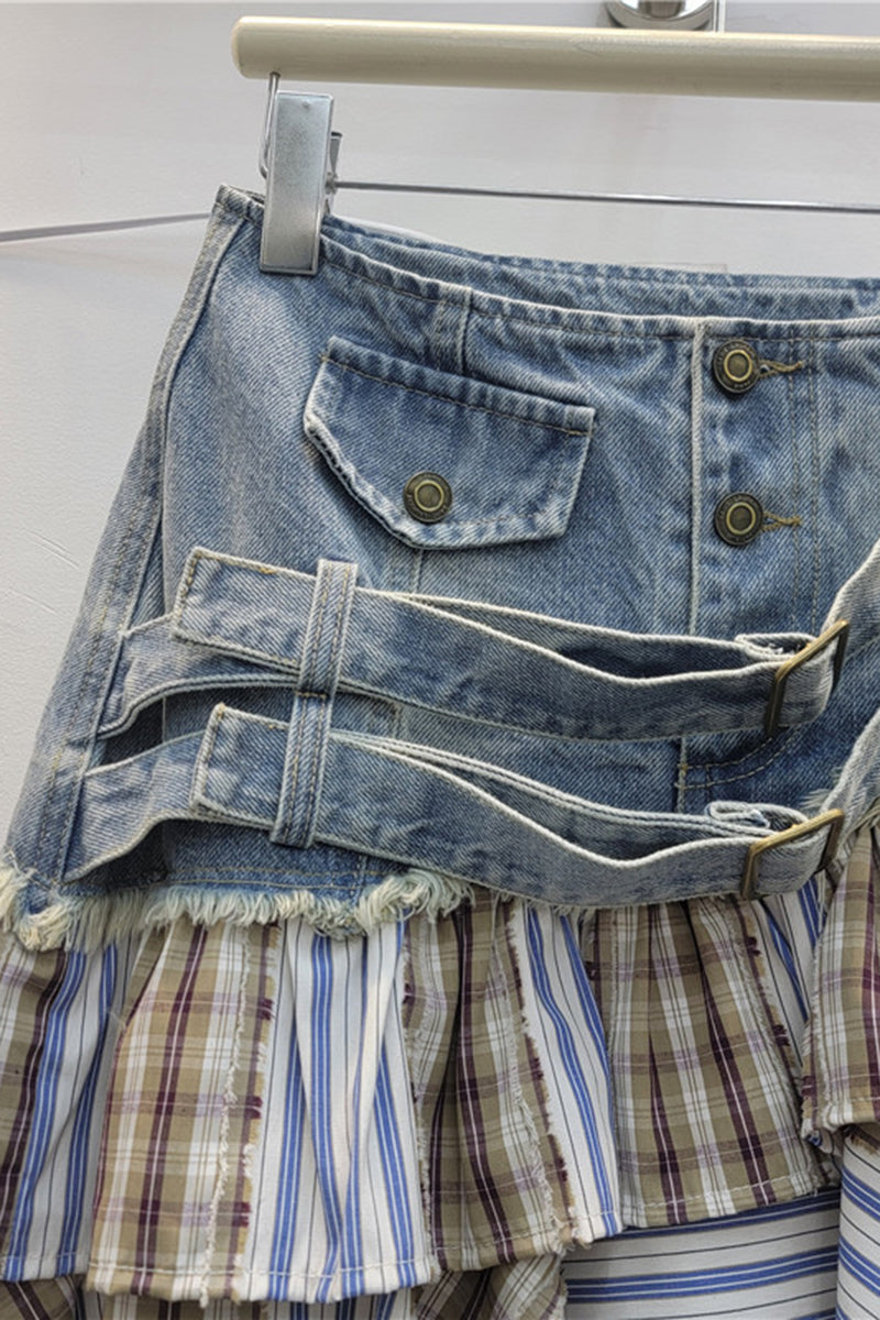 Layered Denim Patchwork Skirt