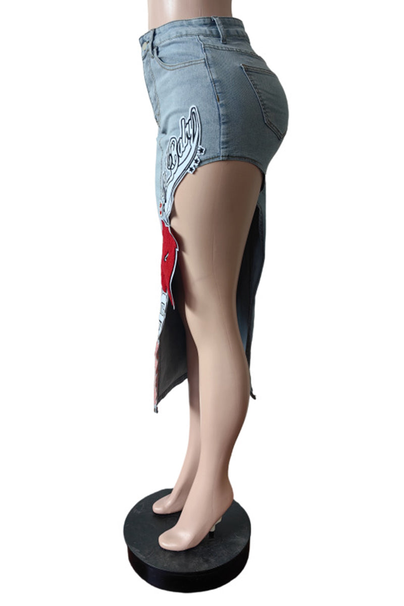 High-Slit Denim Skirt with Patch Details