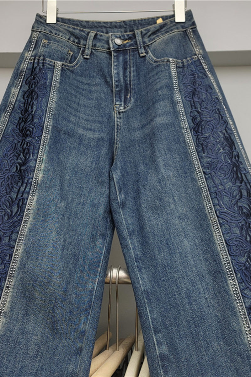 Floral Pattern Straight Leg Jeans