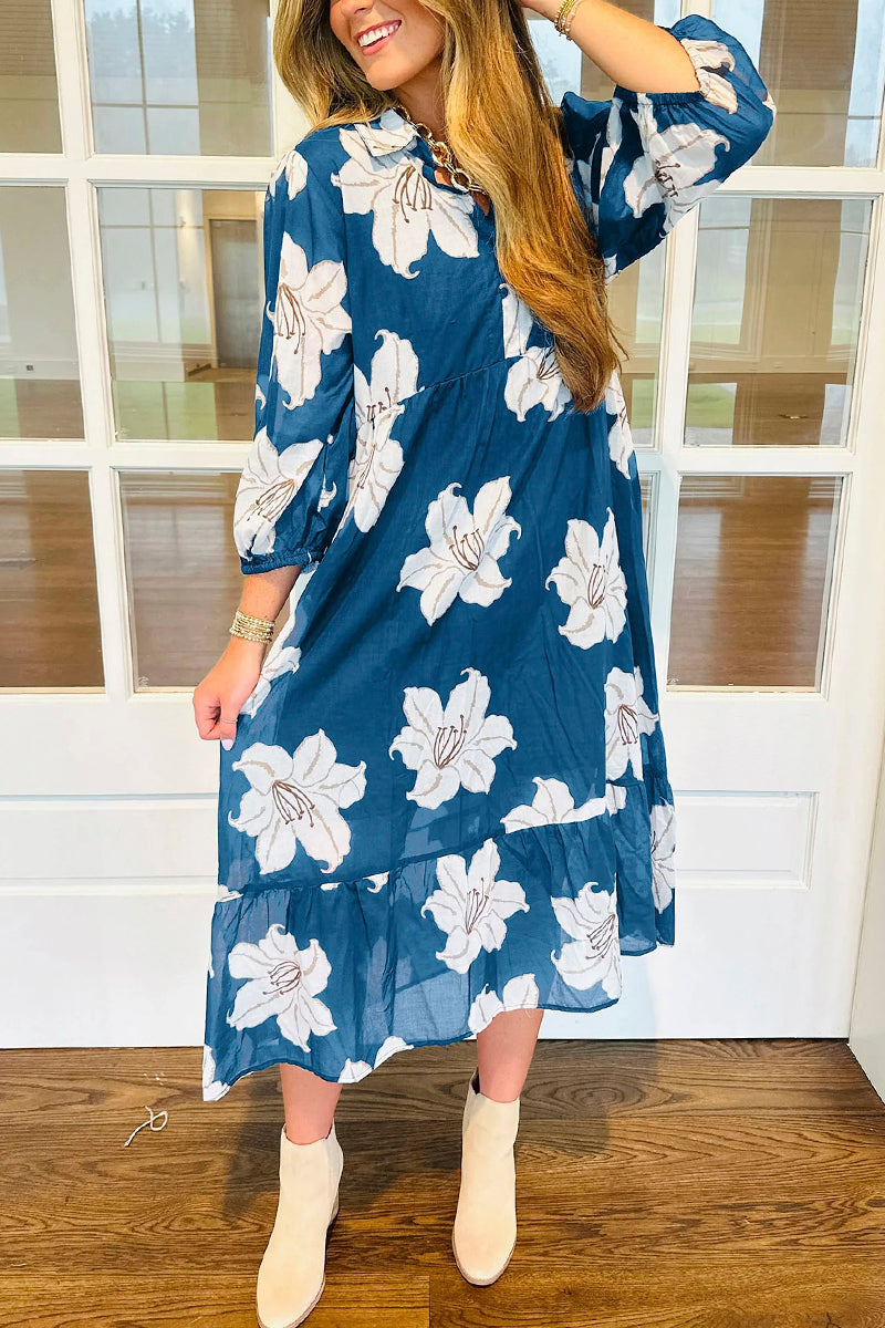 Floral Print Shirt Collar Midi Dress