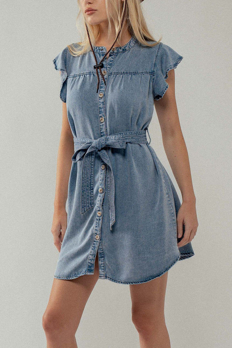 Ruffled Button-Up Denim Dress