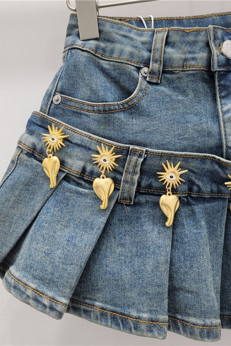 Pleated Charm Details Denim Skirt