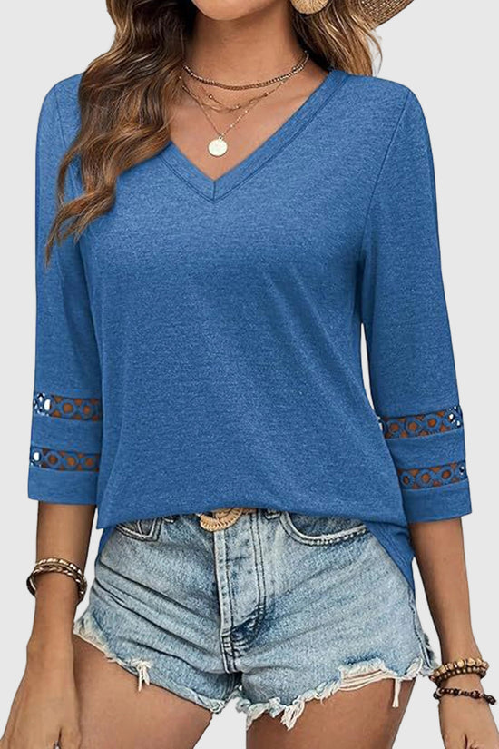 V-Neck Lace Sleeve Casual Top