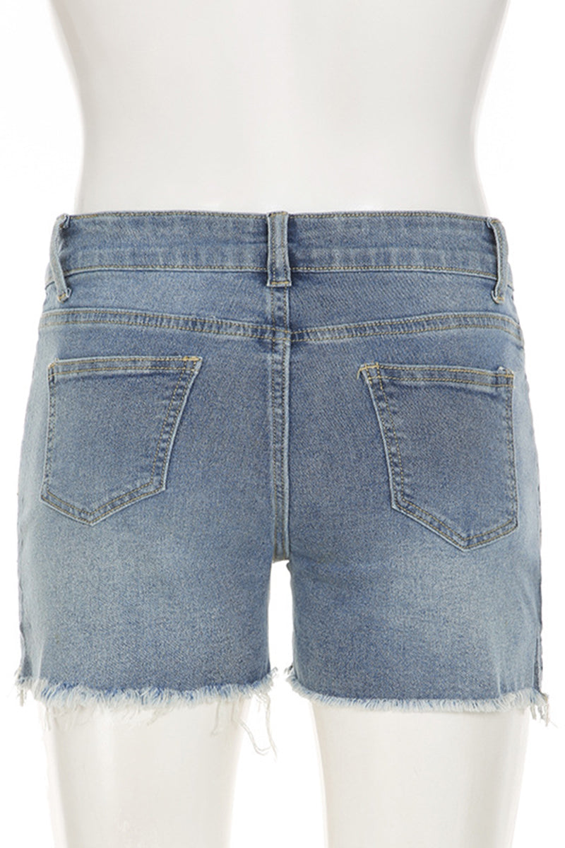 Embellished Frayed-Edge Denim Shorts