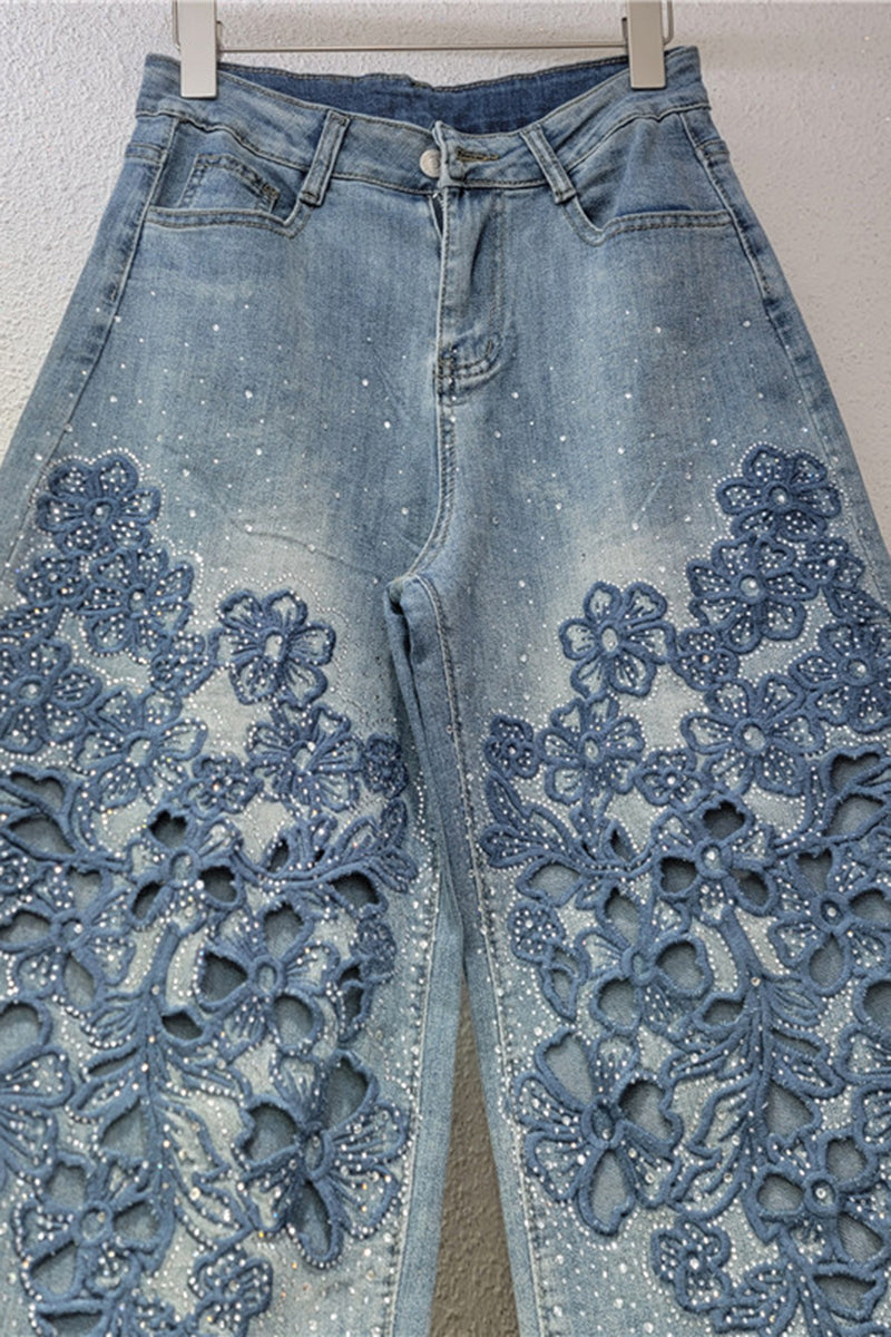 Floral Detail Straight Jeans