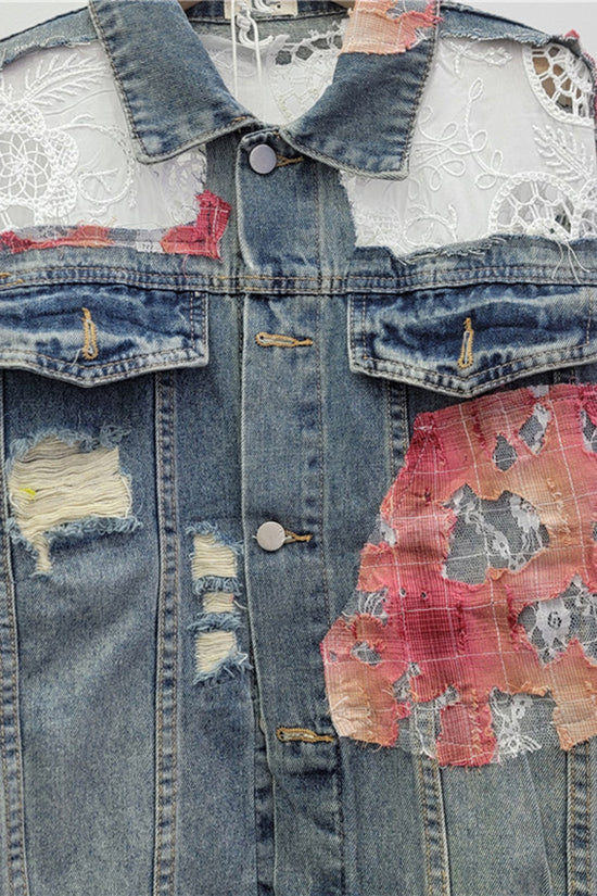 Distressed Patchwork Denim Jacket