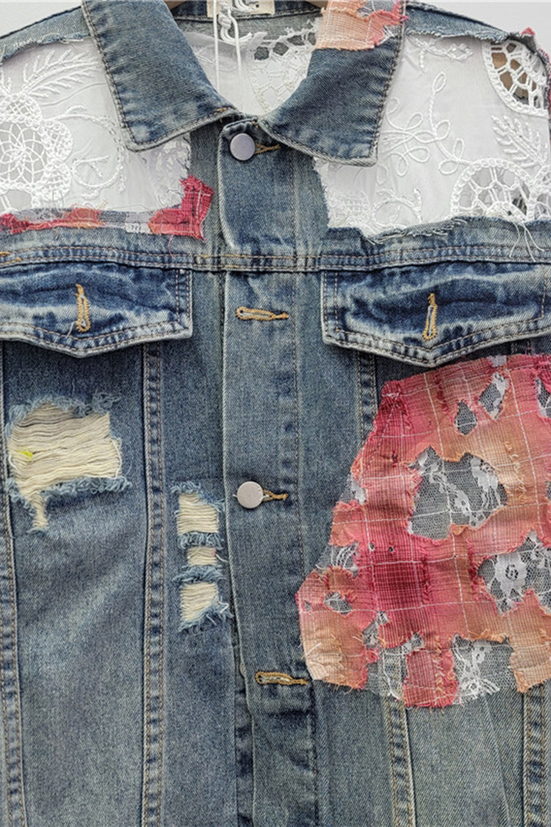 Distressed Patchwork Denim Jacket