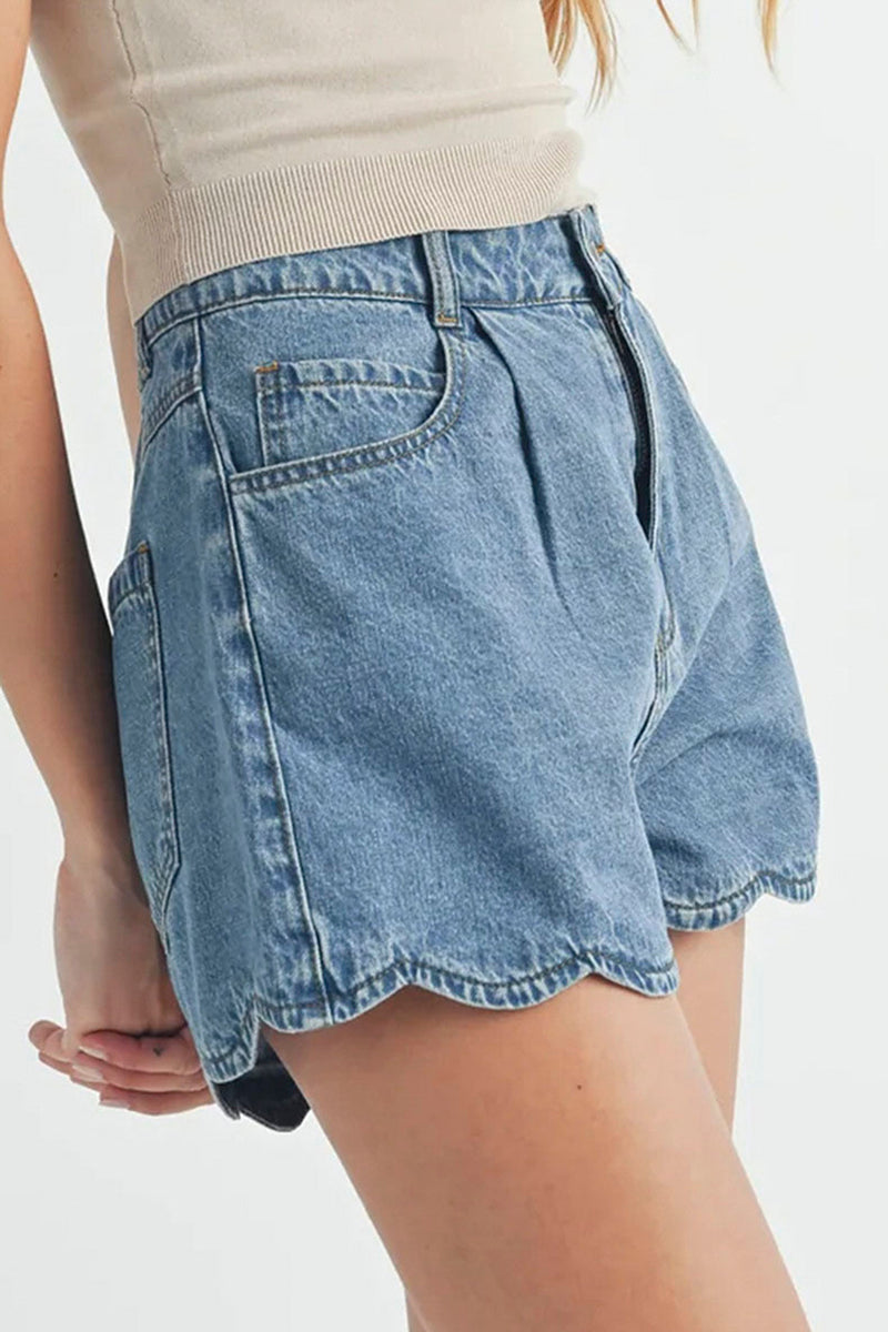 Scalloped Hem Denim Shorts