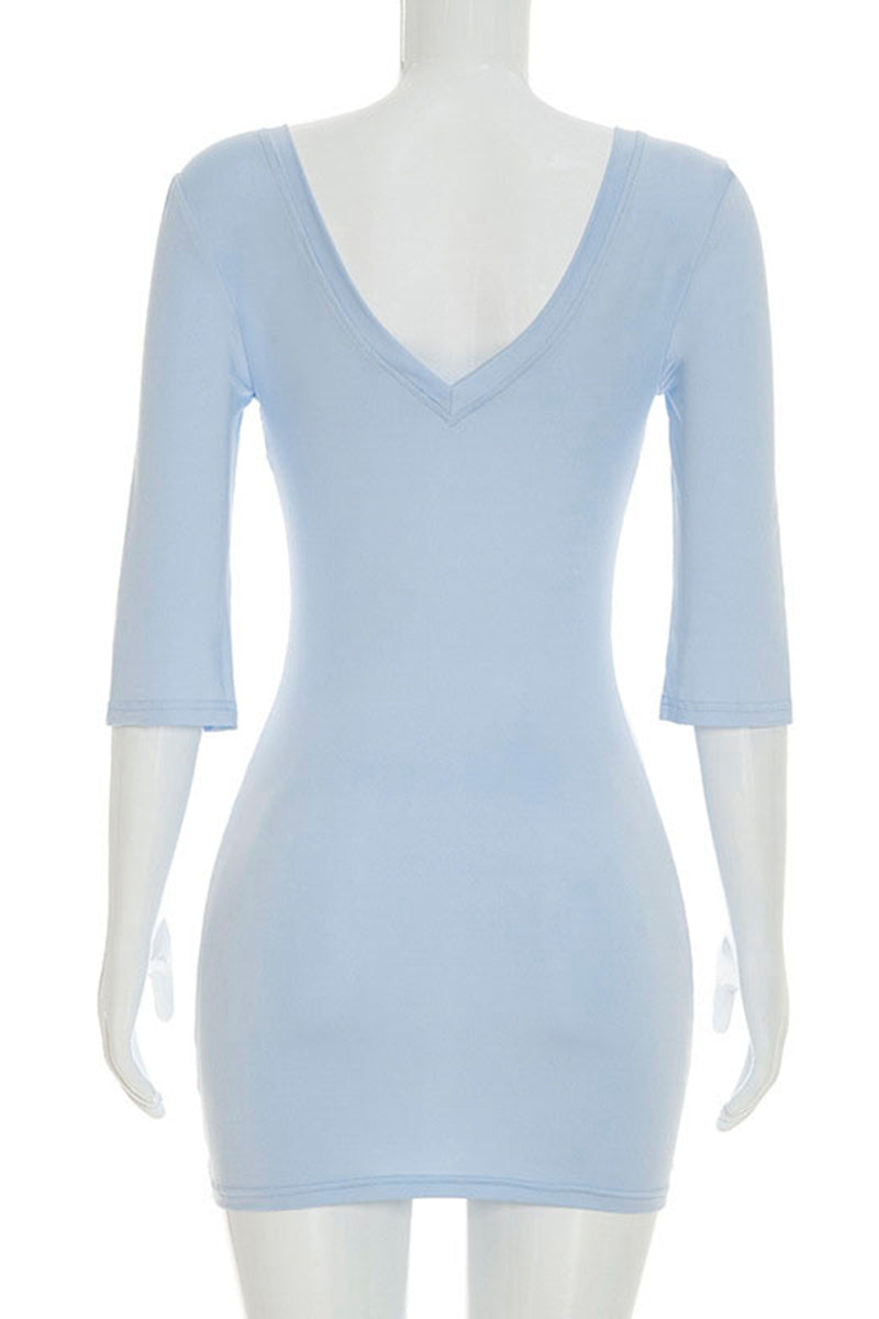 V-Neck 3/4 Sleeve Bodycon Dress