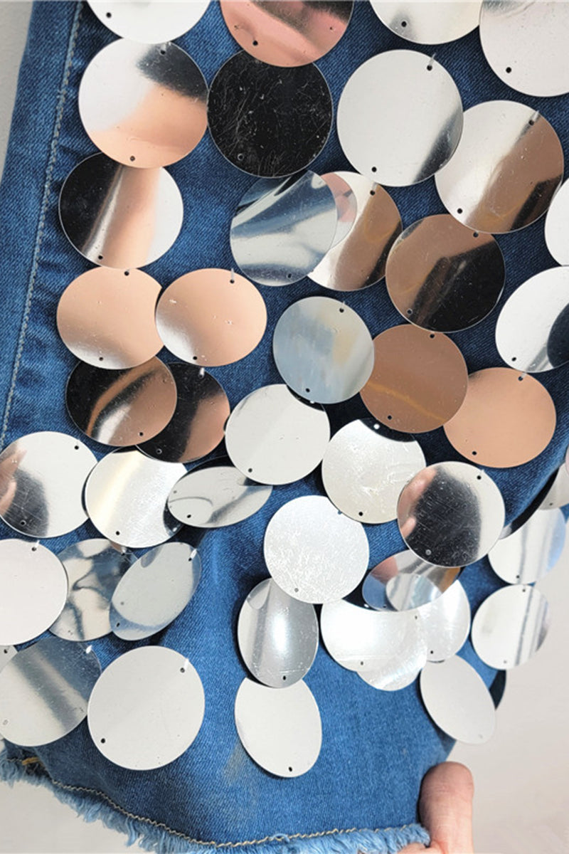 Reflective Sequin Straight Jeans