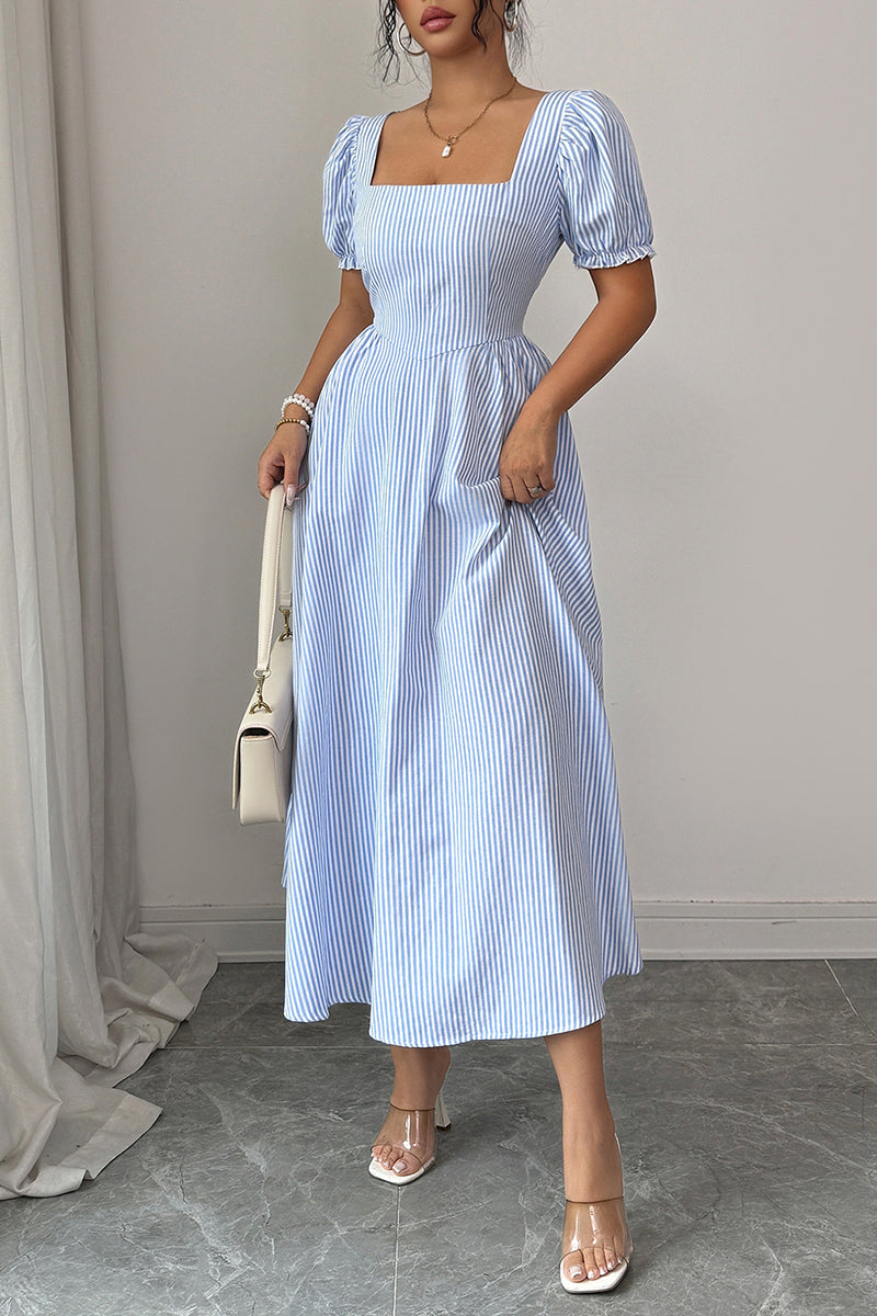 Puff Sleeve Striped Casual Dress