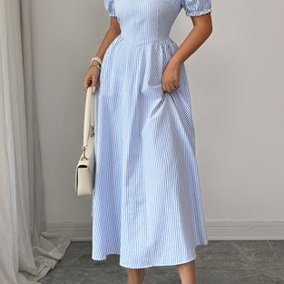 Puff Sleeve Striped Casual Dress