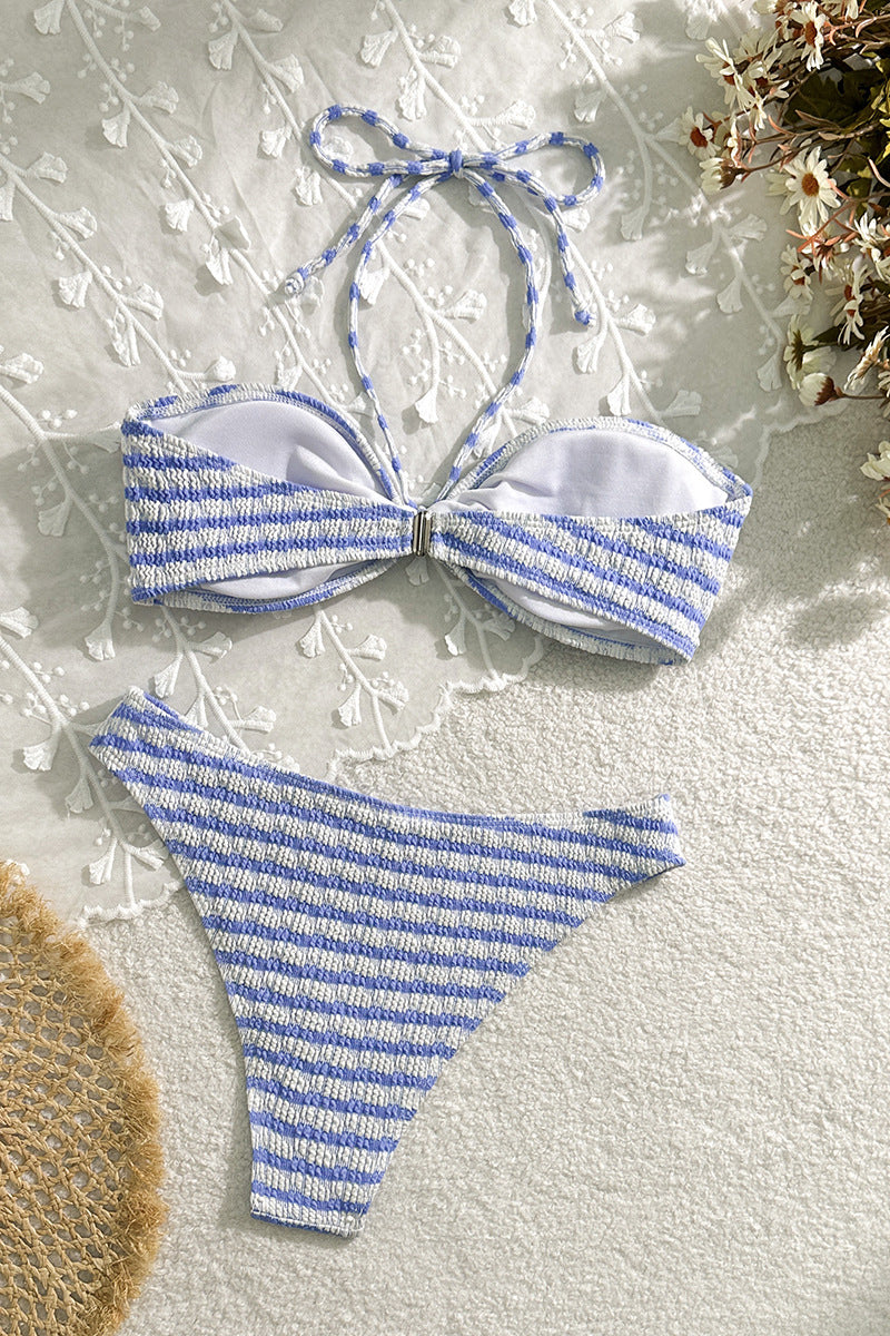 Striped Halter Bikini Set with Bow Detail