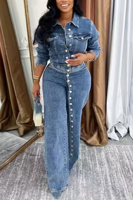 Button-Up Denim Two-Piece Set