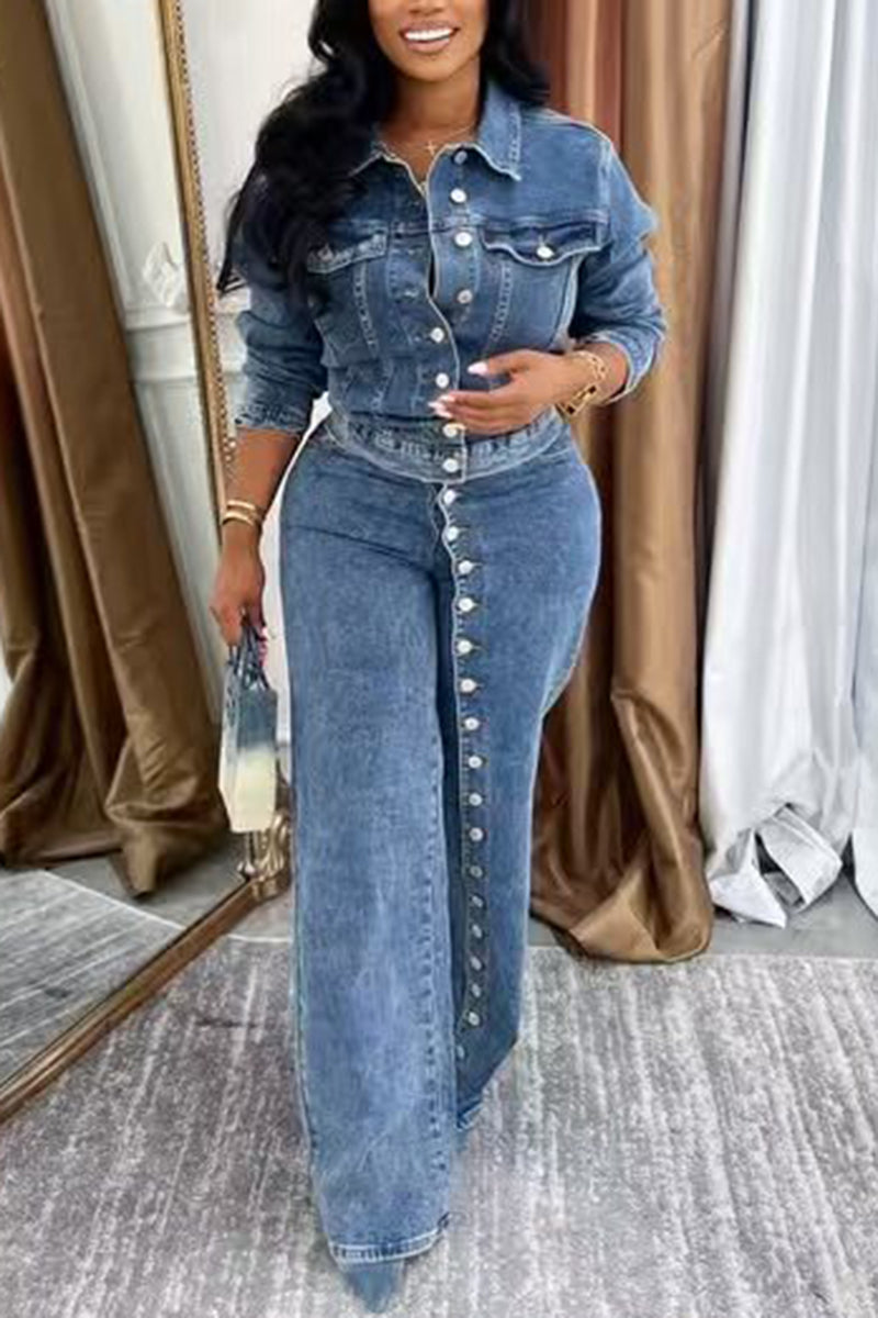 Button-Up Denim Two-Piece Set