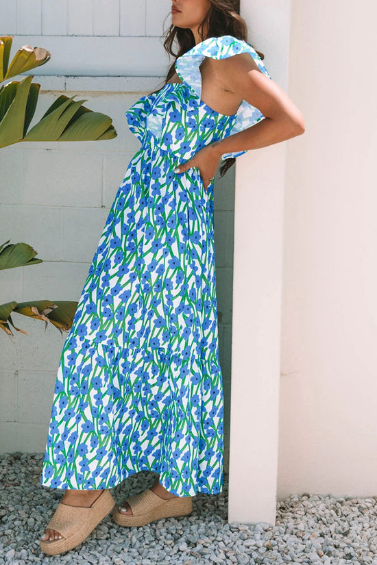 Floral Square Neck Ruffled Strap Dress